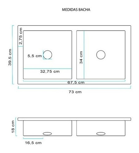 Imagen 2 de 3 de Pileta Bacha Acero Inoxidable Cocina Doble 67.5 X 34 X 18cm