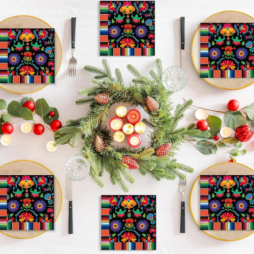 Decorativas Servilletas Mexicanas Diseño De Flores Multicolo