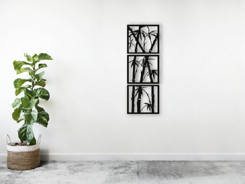 Imagem 1 de 4 de Trio Quadros Bambú Mdf Escultura De Parede Vazada 30cm