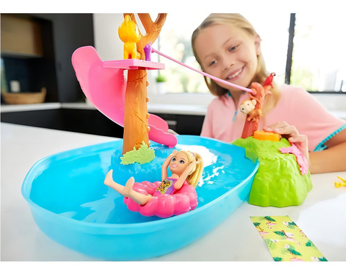 Conjunto Aventura No Rio - Acompanha Acessórios E Boneca Menina Chelsea - Com Mini Animais Pets Escorregador Na Água E Tirolesa - Dreamhouse Adventures - Irmã Da Barbie - Mattel Brinquedos