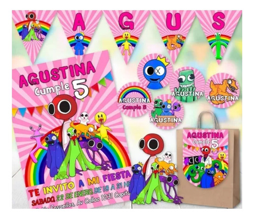 Kit Imprimible Cumple Rainbow Friends Nena Rosa - Editable