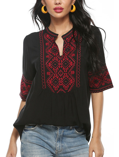 Blusas De Muje Mexicana Polera Bohemia Blusas Bordada Tops