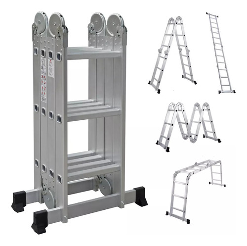 Escalera Articulada Aluminio 4x3 Carga 150 Kg 12 Escalones Plateado