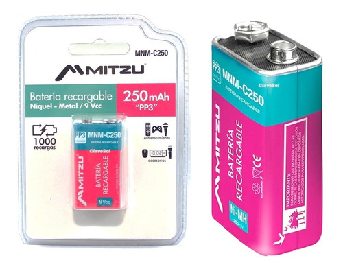 Batería Cuadrada Recargable 9v 250mah Mitzu Mz 