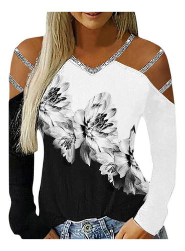 Blusa Mujer X Manga Larga Estampada Escote V