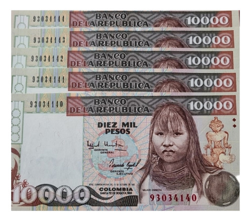 Colombia 5 Billetes De 10000 Pesos De 1993 Mujer Embera  Unc