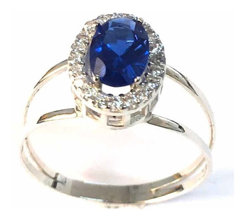 Anel Safira Azul Zirconia 5x7 Mm Prata 925 20 Zirconia 1,25m