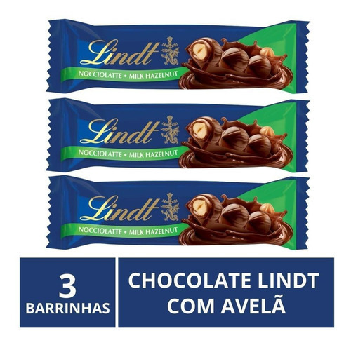 Chocolate Lindt Barra, Ao Leite C/ Avelã, 3 Barrinhas De 35g