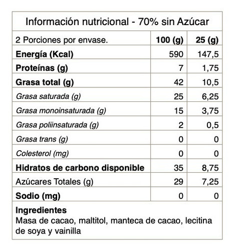 Imagen 2 de 2 de Chocolate Negro 70% Cacao Sin Azúcar