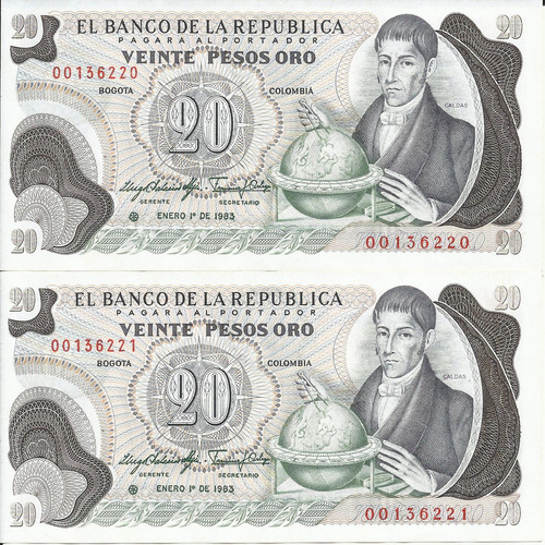 Colombia Dúo  Consecutivos, Reposición 20 Pesos 1 Enero 1983