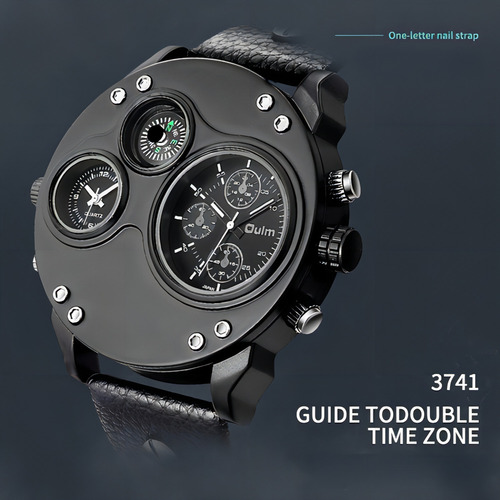 Reloj Impermeable De Cuarzo Oulm Two Time Zone Color Del Fondo Negro
