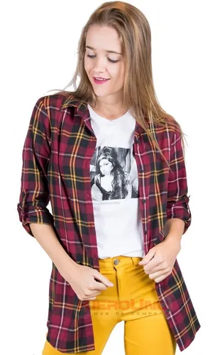 Camisa Amplia Escocesa Larga Mujer Otoño