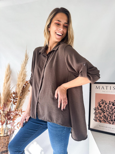 Camisa Lulyna Oversize Manga Larga Con Presilla Crepe Mujer
