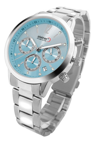 Reloj Análogo Extensible Acero Inox. Subesferas 3atm Dama Correa Plateado Bisel Plateado Fondo Azul