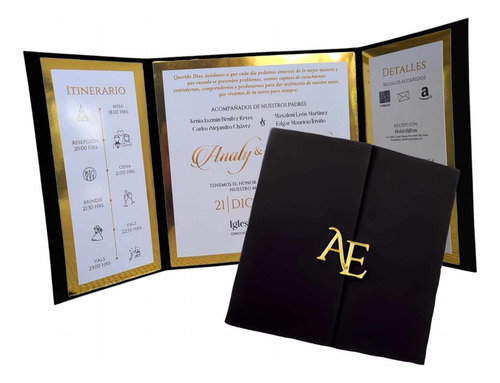 Invitaciones Tríptico Boda Elegantes Iniciales Oro 70 Pzas