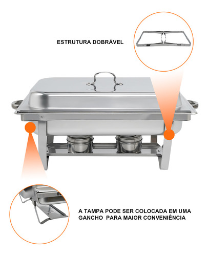 Rechaud Retângulos Para Buffet Inox 9 Litros 1/1 Panelas Banho Maria 1 Cuba Yesop