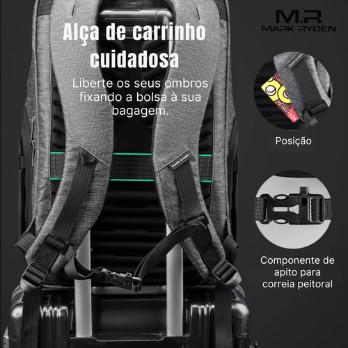 Mochila Premium Executiva Multifuncional Impermeável Compartimento Frontal Magnético Notebook 15.6 Com Usb Modelo Traveler Mark Ryden Cor Cinza Liso