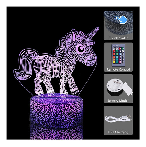 Luz Nocturna Led 3d De Unicornio Control Remoto Y Táctil, De