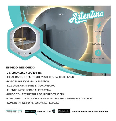 Imagen 2 de 10 de Lampara Luz Led Pared Espejo 4 Mm Baño 60 Cm Redondo Moderno