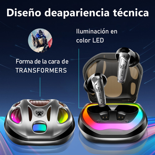 Audífonos Inalámbricos Bt Transformers Tf-t35 In-ear Led Color Plateado,para juegos con cancelación pasiva del ruido, sonido de alta fidelidad HD y baja latencia
