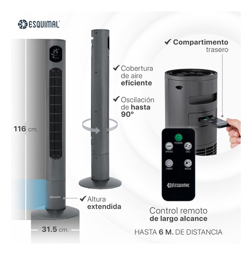 Ventilador De Torre 116 Cm Esquimal, Silencioso, Pantalla Led Con Temperatura, Oscilante 90°, 3 Velocidades, Temporizador 12 Hrs Y Control Remoto