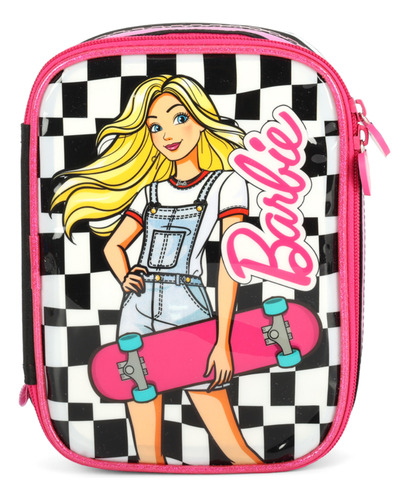 Estojo Escolar Box Barbie de Skate Preto Xadrez Com divisorias Luxcel