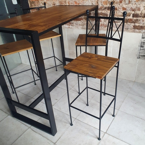 Imagen 4 de 5 de Mesa Barra 120x60 Con 4 Taburetes De Hierro Industrial