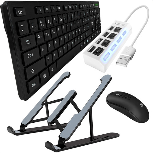 Teclado E Mouse Wireless Ergonômico Hub Extensor Usb 4 Portas E Suporte Dobrável Kit Notebook