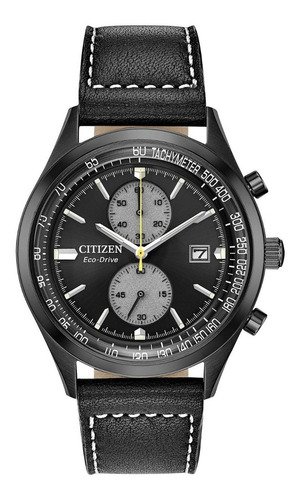 Citizen Chandler Black Leather Chrono Ca7027-08e Color de la correa Negro Color del bisel Plata Color del fondo Negro