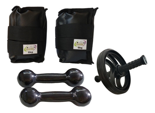 Kit Caneleira 6 Kg + Halteres 3 Kg + Roda Abdominal.