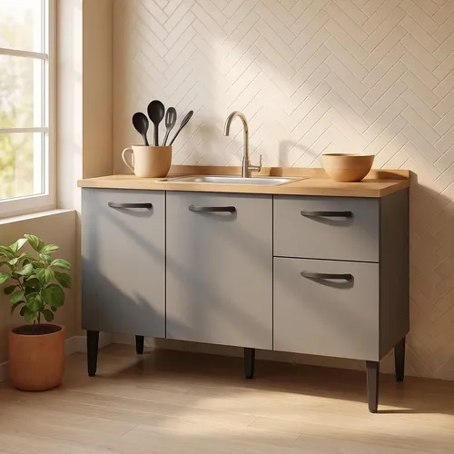 Gabinete De Pia 1,20 Balcão De Cozinha Multiuso 3 Portas Armário De Pia Armário De Cozinha 120x80x52cm Organizador Para Pia Cor Branco Ideal Para Cozinha Compacta E Área De Serviço Porta Panela Cinza