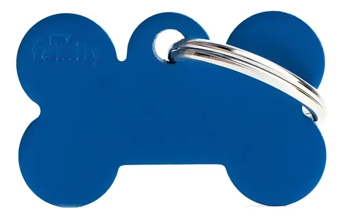 Placa de Identificação para Pets My Family Osso Pequeno de Alumínio, Cor Osso/Azul