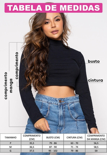Imagem 7 de 10 de Camiseta Manga Longa Gola Alta Cropped Canelado Feminino