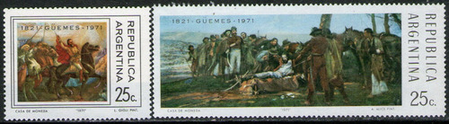 Imagen 1 de 1 de Argentina Serie X 2 Sellos Mint 150° Aniversario Muerte Gral. Martín De Güemes, Pinturas De L. Gigli Y A. Alice Año 1971