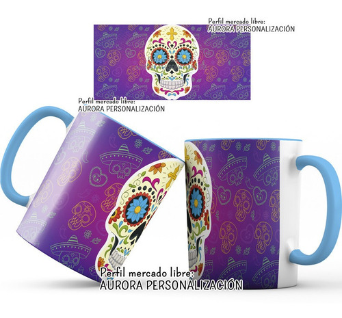 Mug Taza Oreja Interior Azul Calavera Catrinas Halloween 10