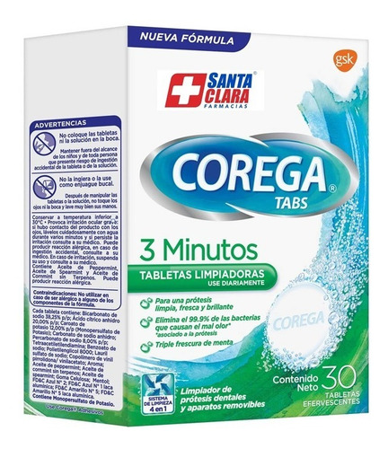 Corega Tabs 3 Minutos Blanqueador Uso Diario 30 Tabletas