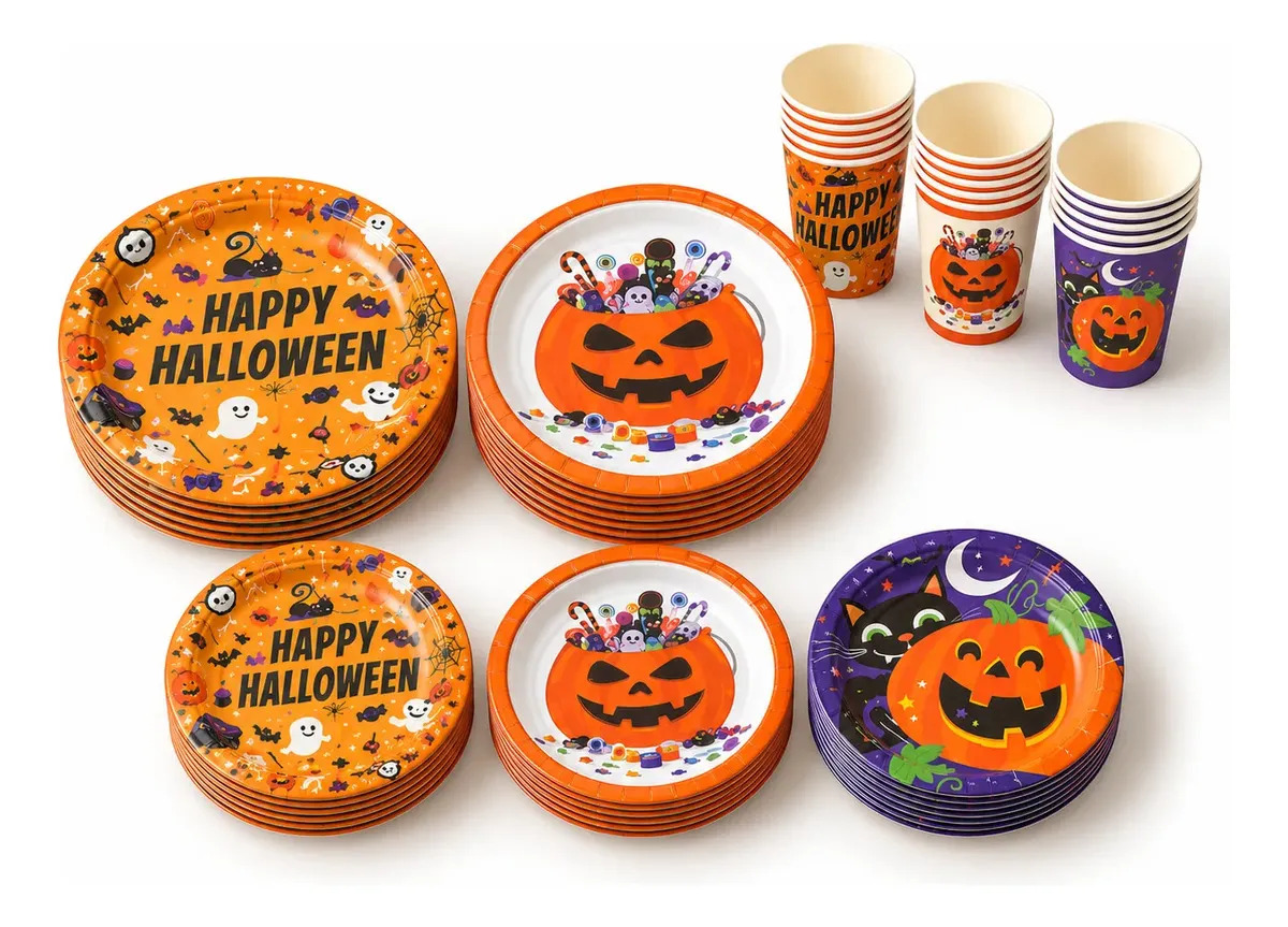 Kit Festa Halloween VOU DE BAG com Pratos Copos Cortinas e Guirlandas