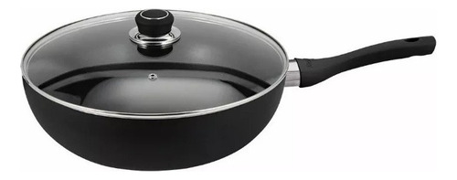 Wok Sarten Hudson Antiadherente 28 Cm Teflon Tapa De Vidrio Color Negro