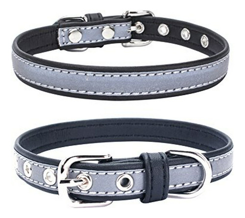 Collar De Cuero Reflectante Ajustable Para Perros Xs, Negro