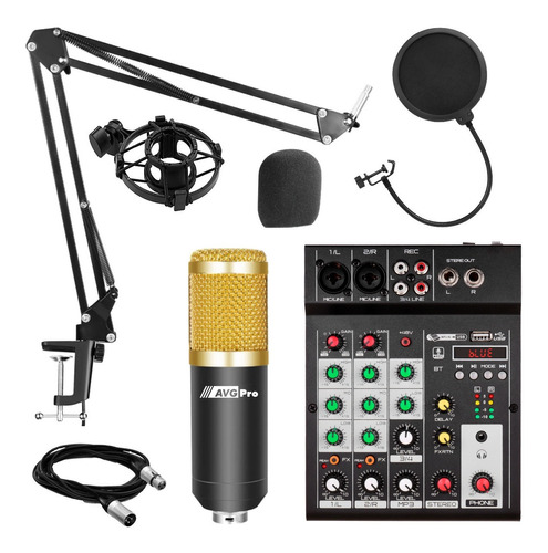 Kit Microfono Mixer Usb Brazo Araña Antipop Radio Canto