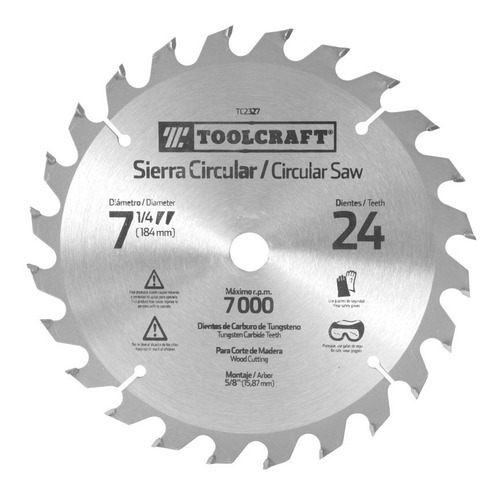 Disco Sierra Circular 7-1/4 5/8 24 Dientes Toolcraft Tc2327 Color Plateado