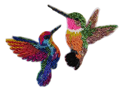 Pack Parche Aplique Colibrí X2 Mostacilla Strass Canutillo Rojo