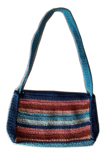 Cartera Tejida A Mano En Crochet Forrada Cierre Azul Liquido