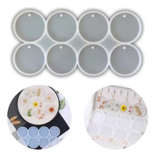 Aomux Molde De Silicón Redondo 8 Cavidades Para Llavero De 5cm, Diy Resina Epóxica, Colgantes, Dijes, Aretes Y Manualidades Artesanales, Flexible, Reutilizable, Con Agujero Para Inserción De Argolla