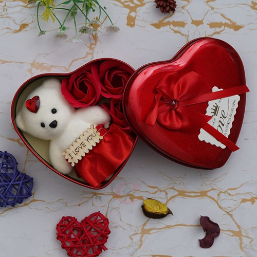 Cajita Con Forma De Corazón + Oso + Rosas