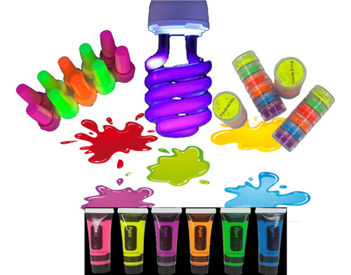 Set Flúor 1 Ampolleta Uv +6 Pinturas +3 Esmaltes +6 Sombras