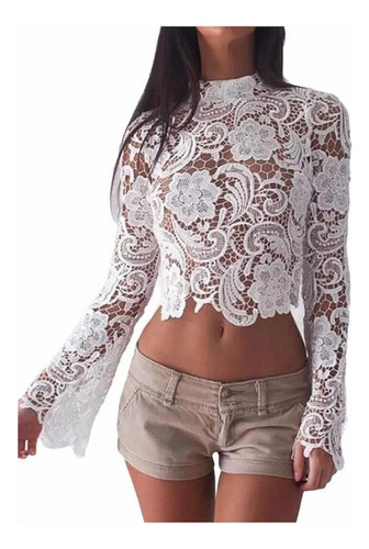 H Blusa Blanca Manga Larga Crop Top Encaje Flores A .