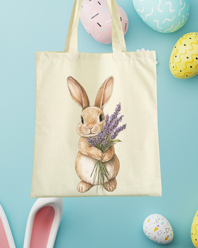 Tote Bag Tela Lienzo Algodón Estampado De Conejo 40x35cm Beige Conejo Con Ramos De Flores