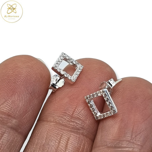 Imagen 3 de 5 de Aros Plata Pasante Rodinado Cuadrado Micro Pave 7 Mm