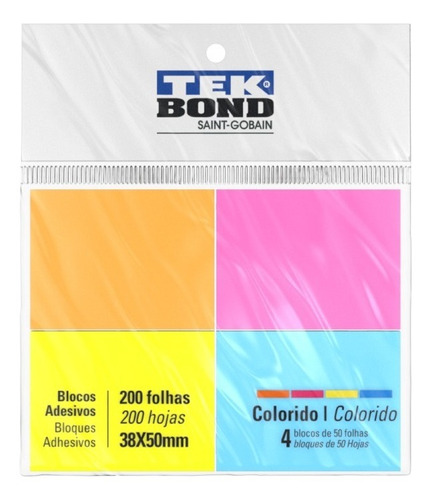 Kit Papel Notas Adhesivo 4 Colores 38x50mm 200 Hojas